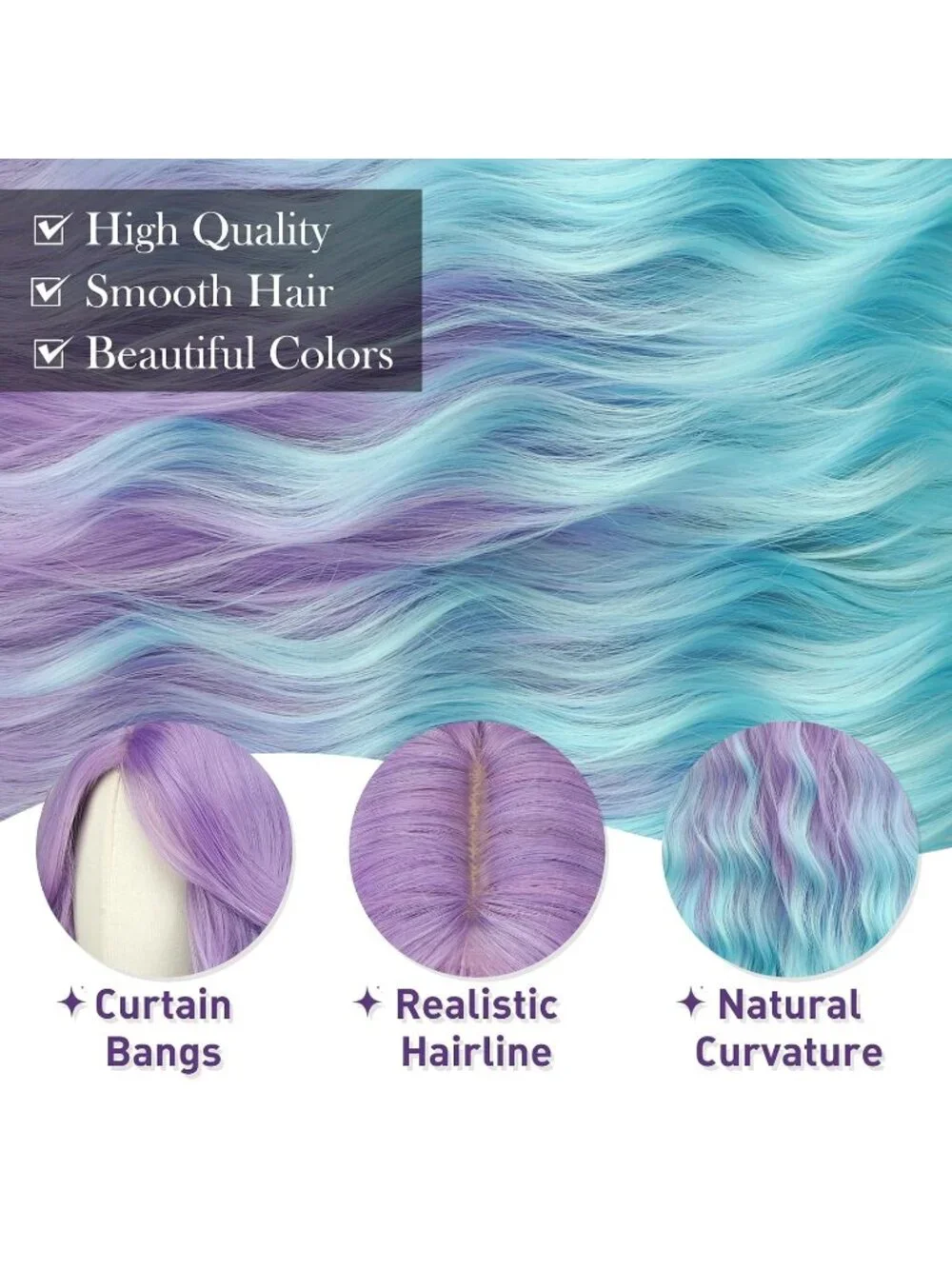 Women's Purple To Blue 26 Inch Heat Resistant Curtain Bangs Long Wavy Wigs